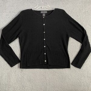 S.M.L. Design Sweater Blouse Women Black Beaded Button Collarless Size L Lange